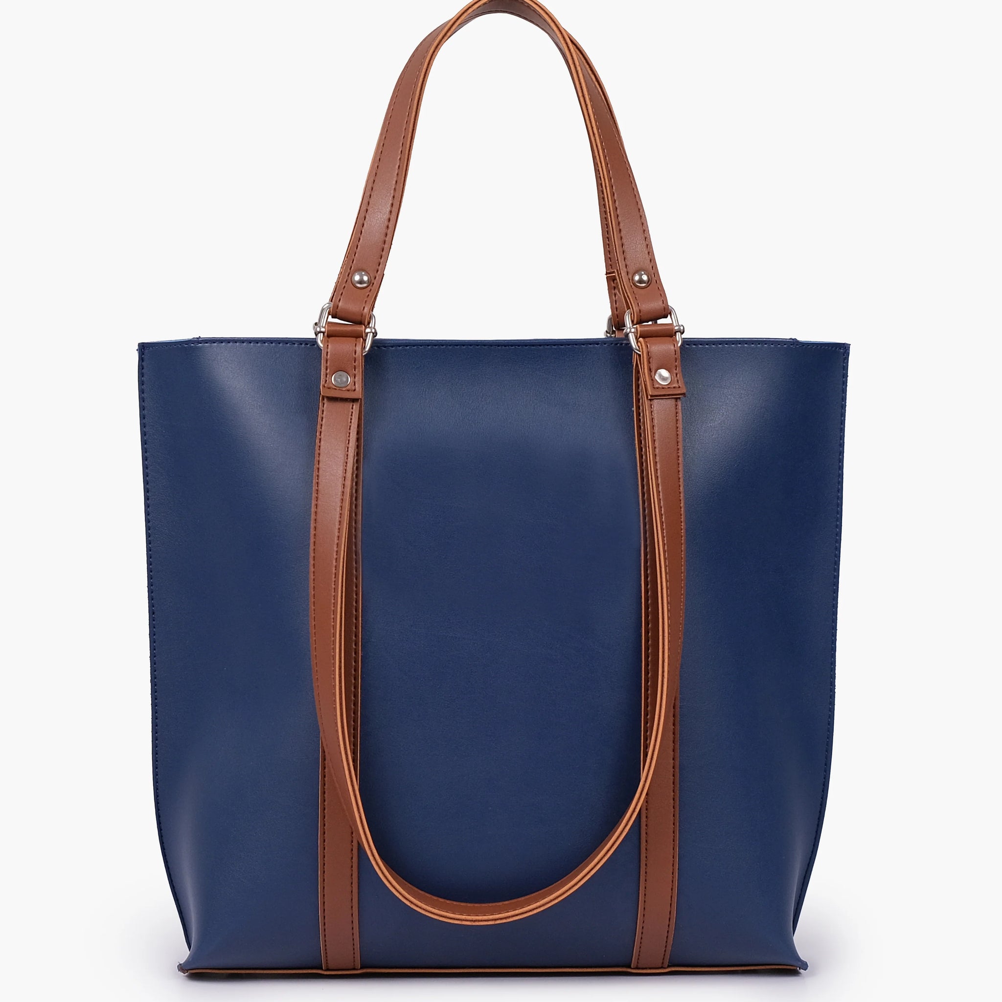 BLUE AND BROWN SUEDE DOUBLE HANDLE TOTE BAG