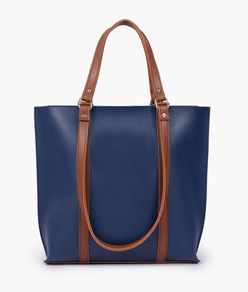 BLUE AND BROWN SUEDE DOUBLE HANDLE TOTE BAG